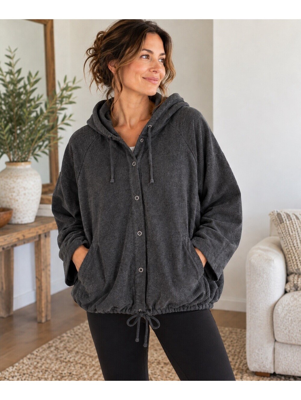 Eileen Fisher 100% Organic Cotton Womens S Gray Hooded Jacket Snap Front